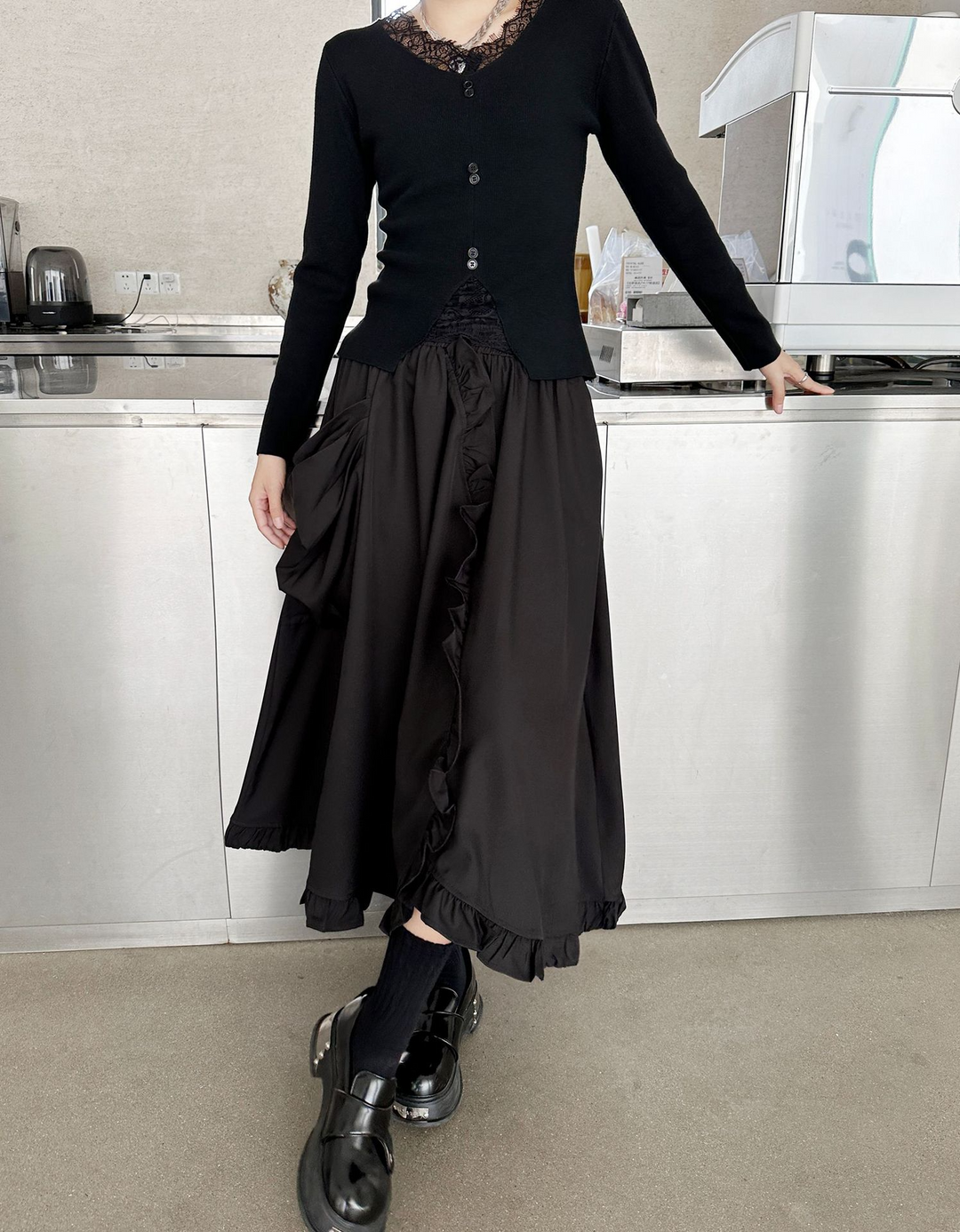 Large pocket asymmetric frill high waist skirt