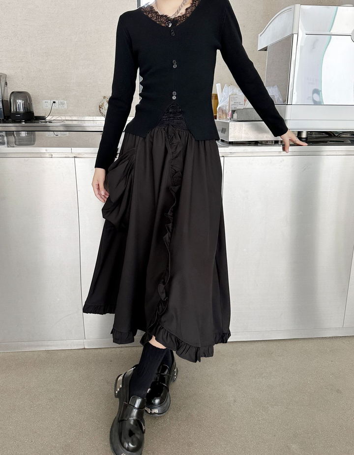 Large pocket asymmetric frill high waist skirt