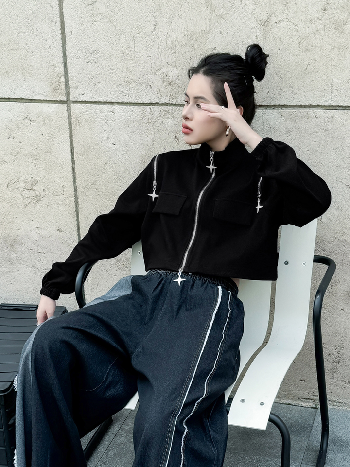 Zipper Stand Collar Short Tops