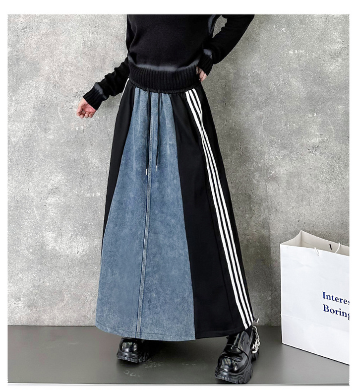 Denim patchwork striped a-line skirt