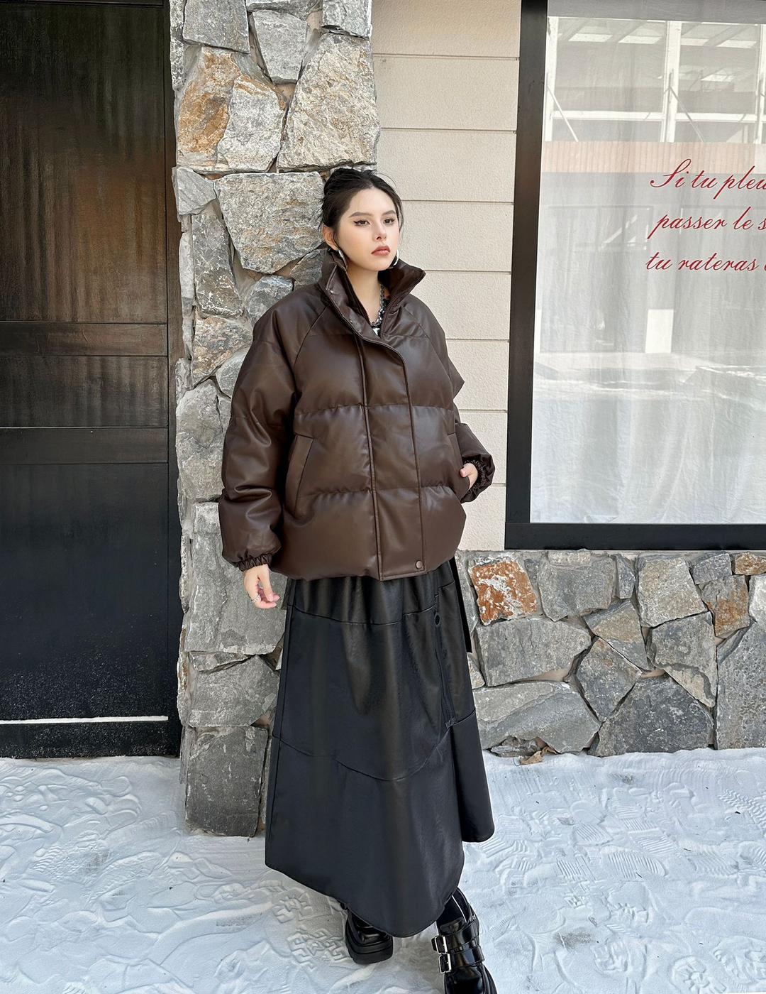 PU leather stand collar padded short volume down jacket