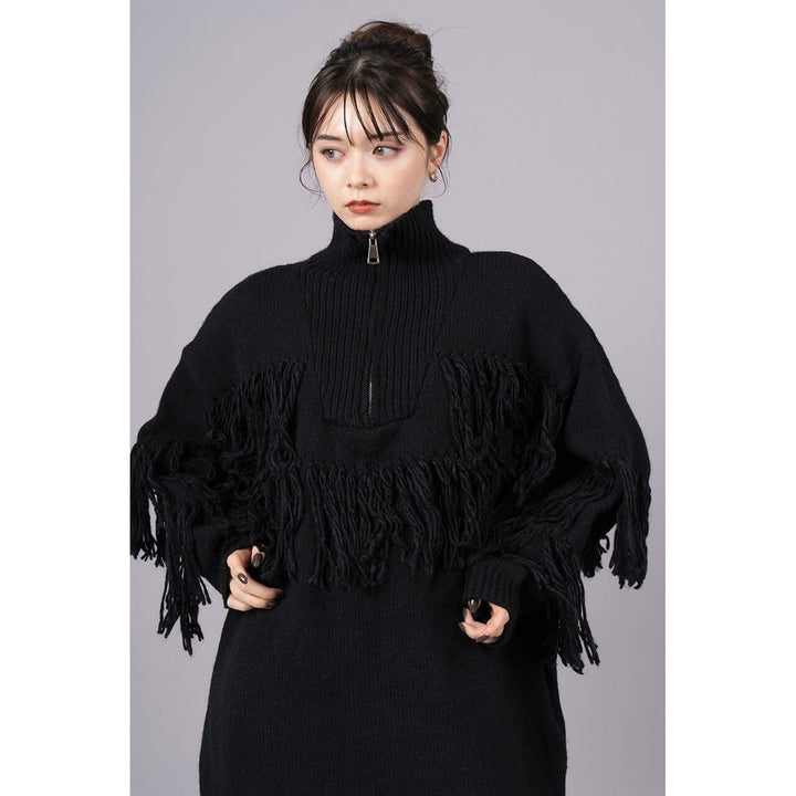 High Neck Fringe Zipper Knit Onepiece