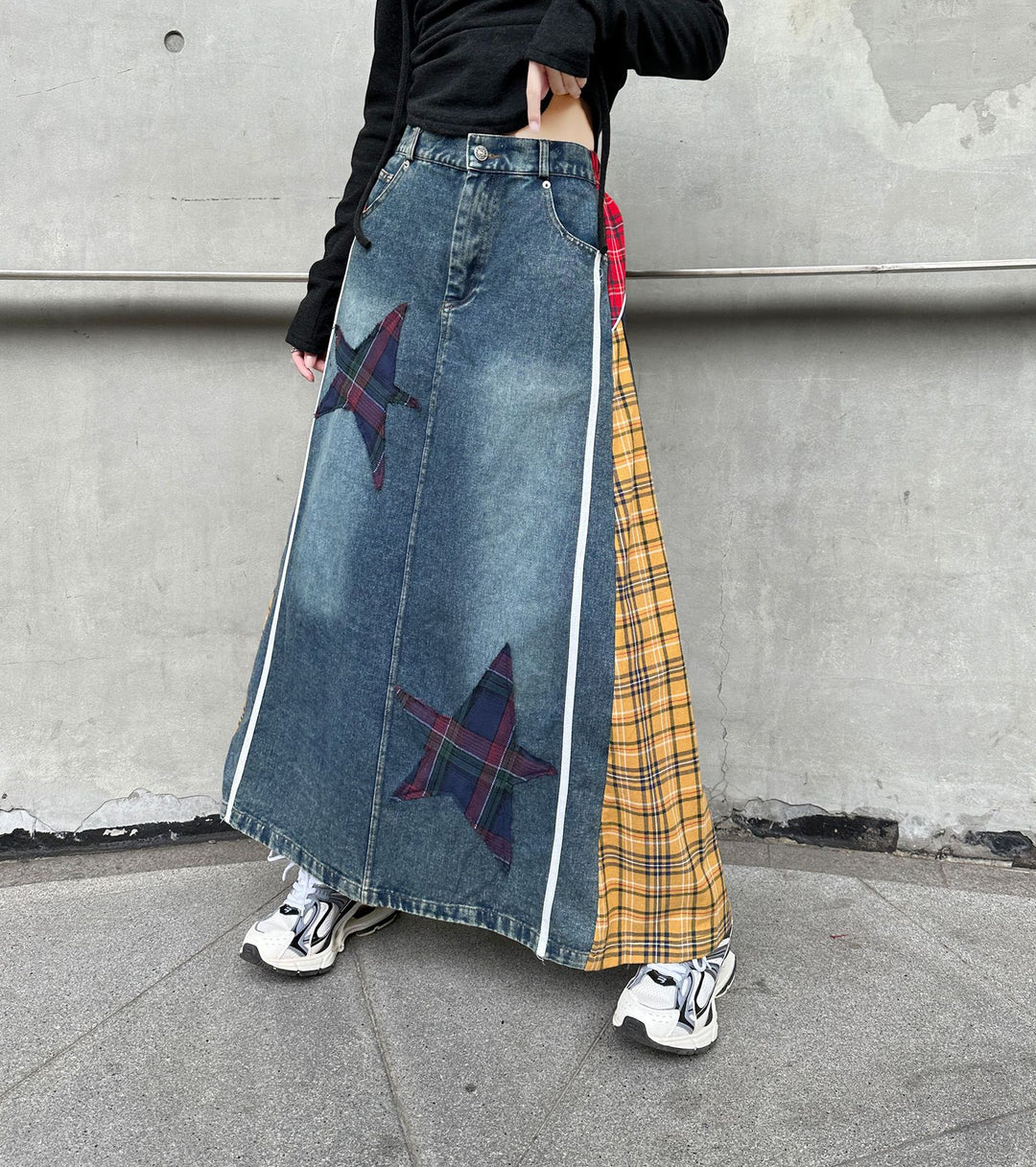 Patchwork plaid high waist A-line denim skirt