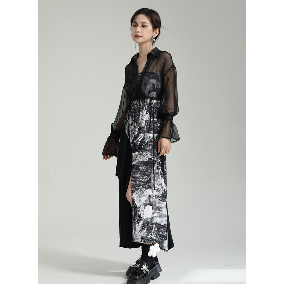 Shirring Sleeve Seer Shirt & Asymmetry Flare Print Camisole Onepiece ¥6,480 / ¥8,980