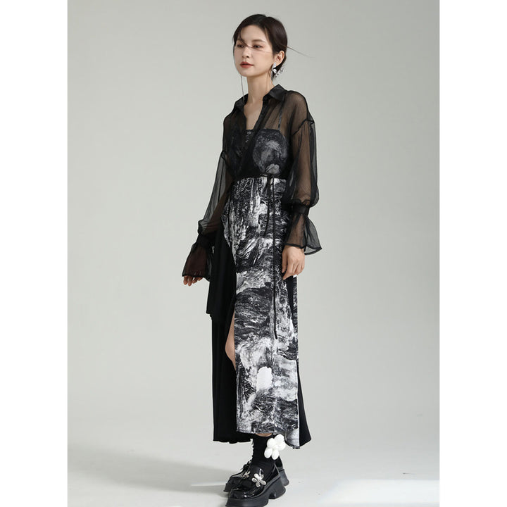 Shirring Sleeve Seer Shirt & Asymmetry Flare Print Camisole Onepiece ¥6,480 / ¥8,980