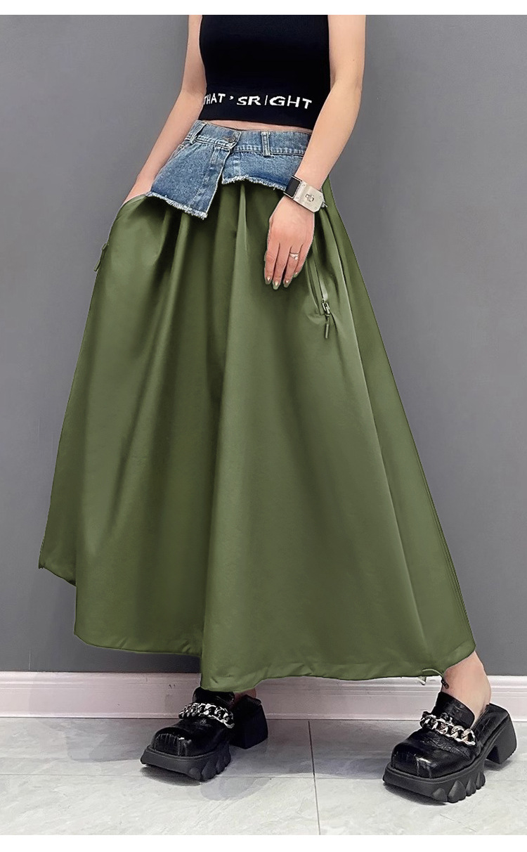 Contrast color switching denim flare skirt