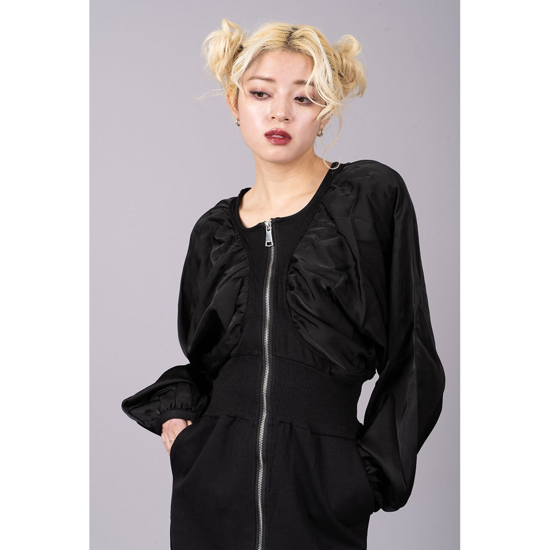 Gathered Sleeve Zipper Tight Onepiece