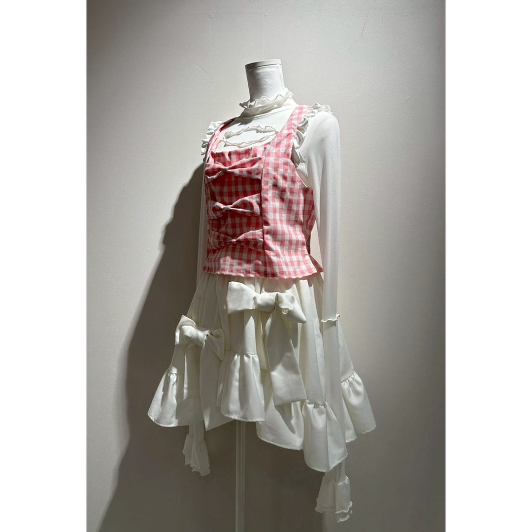 Shoulder Frill Front Ribbon Vest