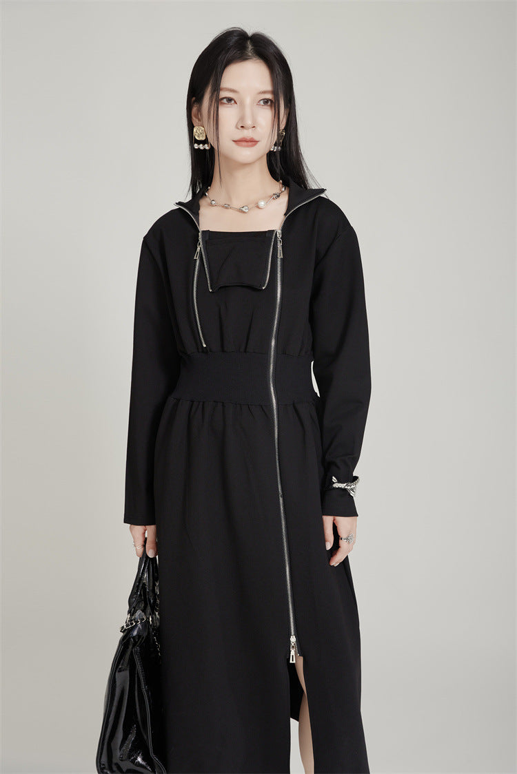 Waist Tightening Zipper Split Mid length Dress