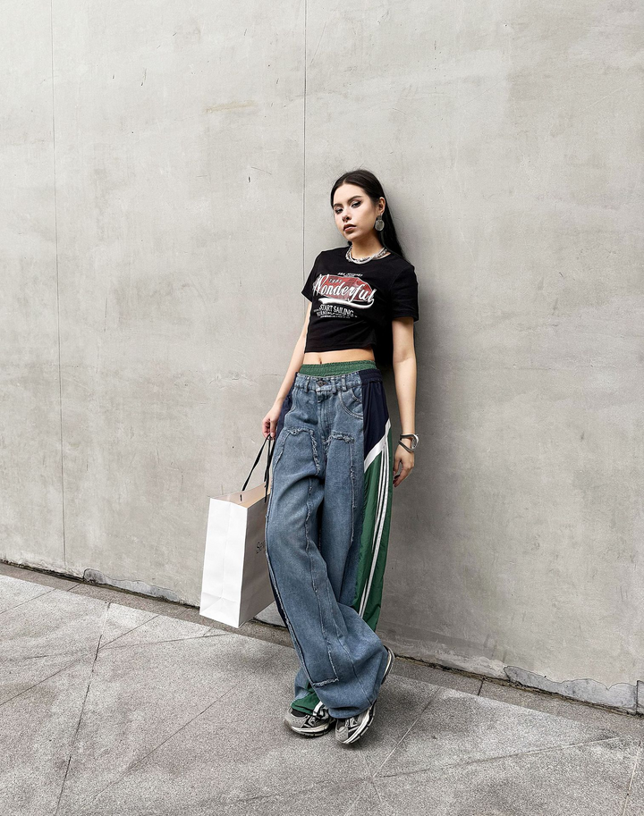 Color contrast stitching cuffed high waist jeans