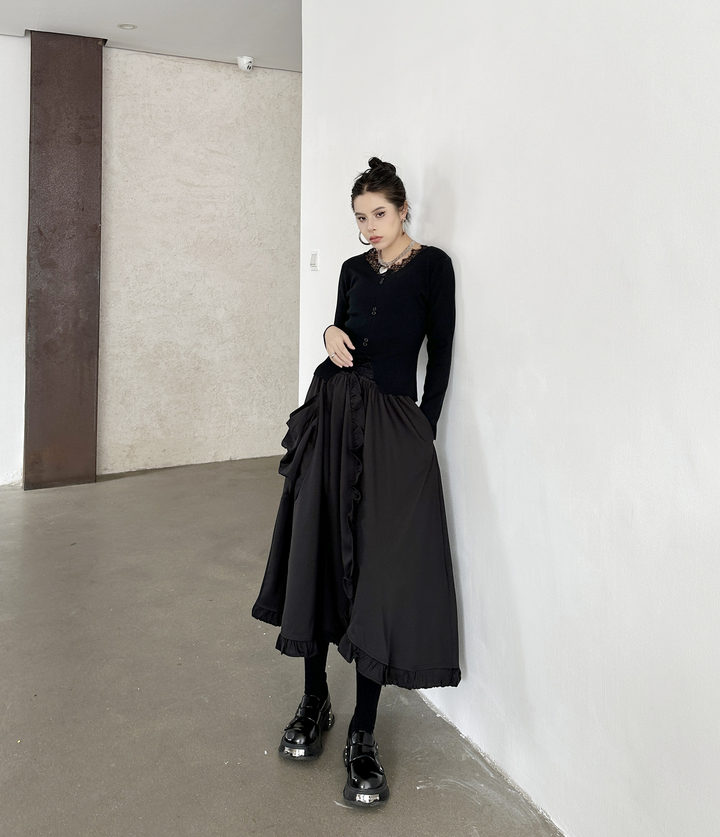 Large pocket asymmetric frill high waist skirt
