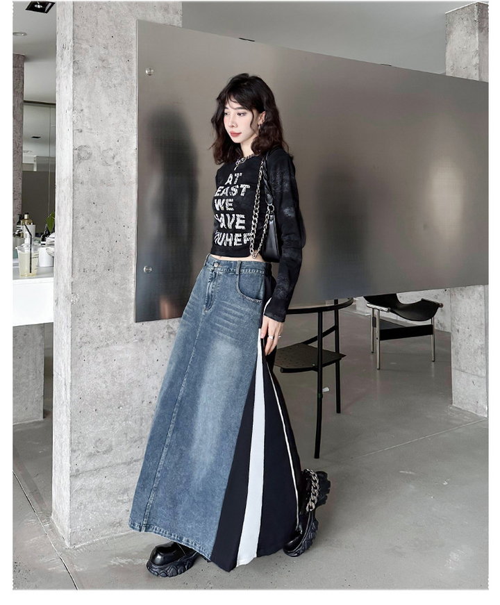 Washed patchwork denim side skirt