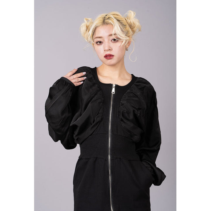 Gathered Sleeve Zipper Tight Onepiece