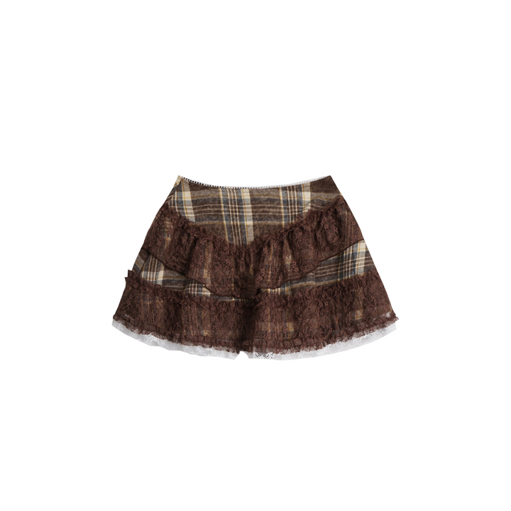 Plaid Asymmetry Lace Ribbon Mini Skirt