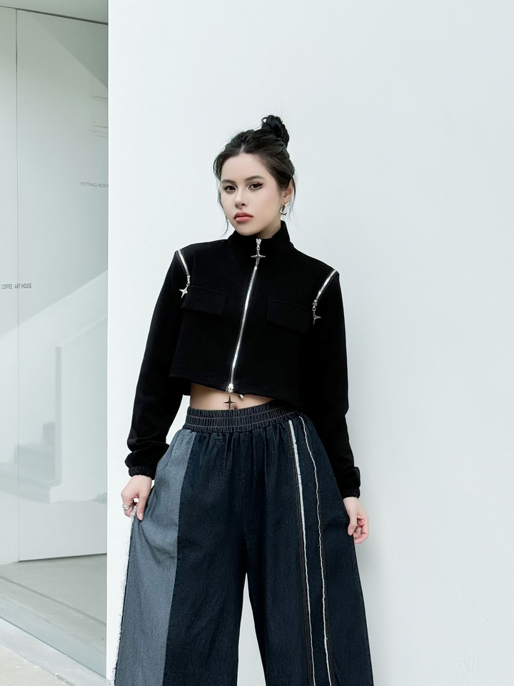 Zipper Stand Collar Short Tops