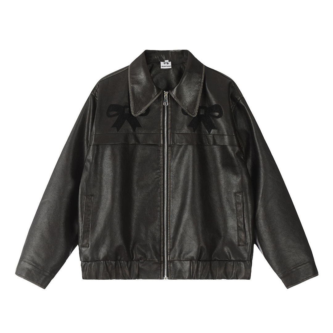 Sweet ribbon PU leather jacket