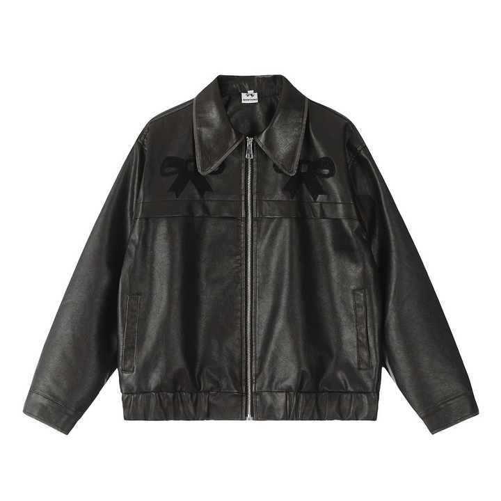 Sweet ribbon PU leather jacket