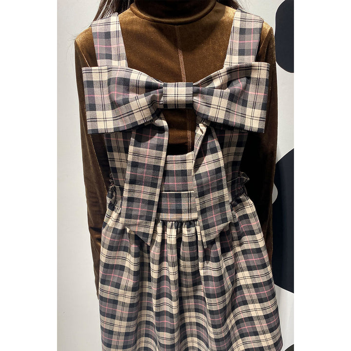 Front ribbon sleeveless onepiece (Beige Check) ¥8,980 / ¥9,480