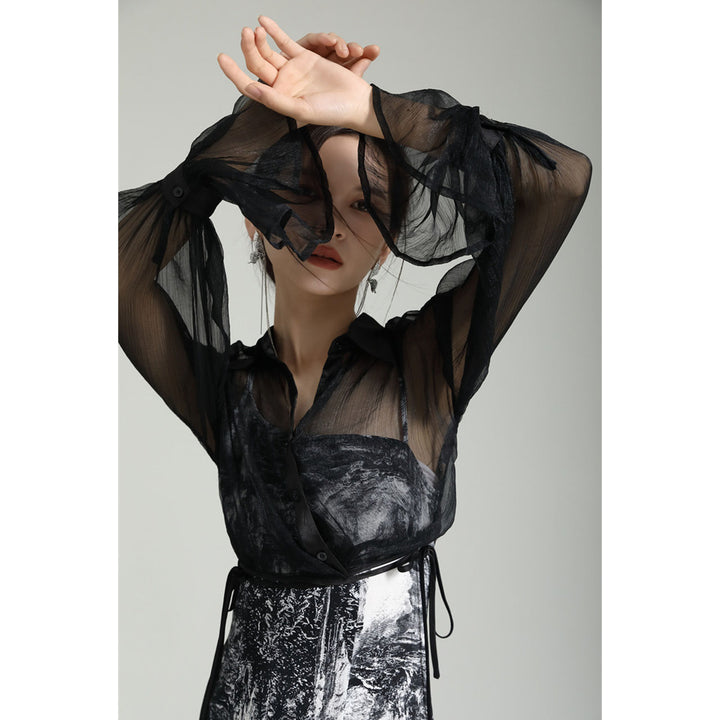 Shirring Sleeve Seer Shirt & Asymmetry Flare Print Camisole Onepiece ¥6,480 / ¥8,980