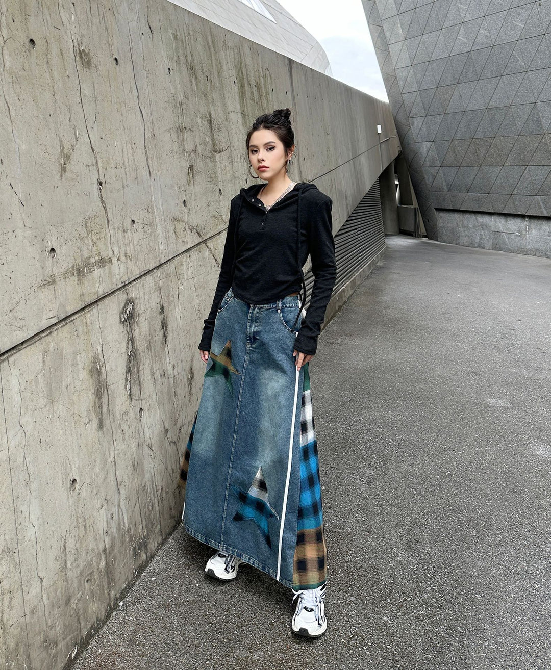 Patchwork plaid high waist A-line denim skirt