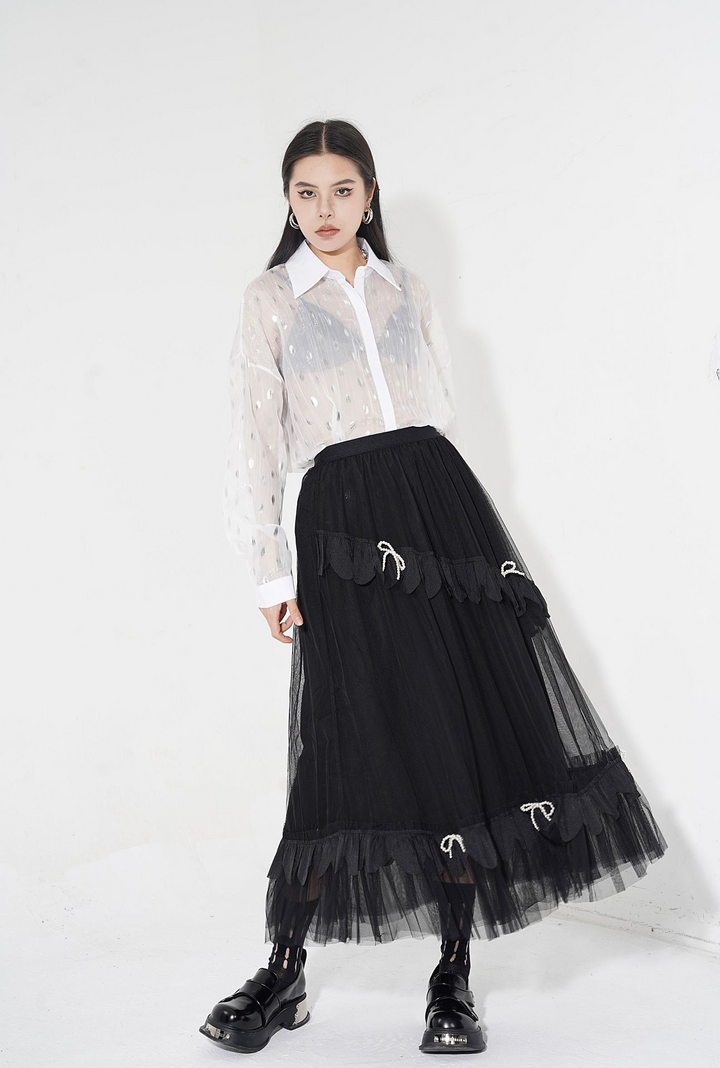 Layered tulle ribbon long skirt