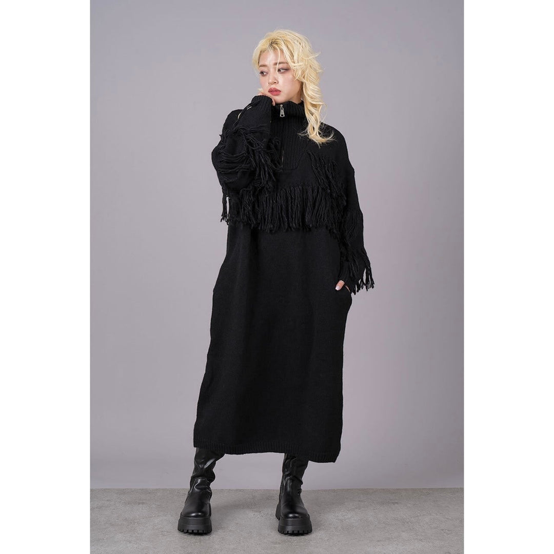 High Neck Fringe Zipper Knit Onepiece