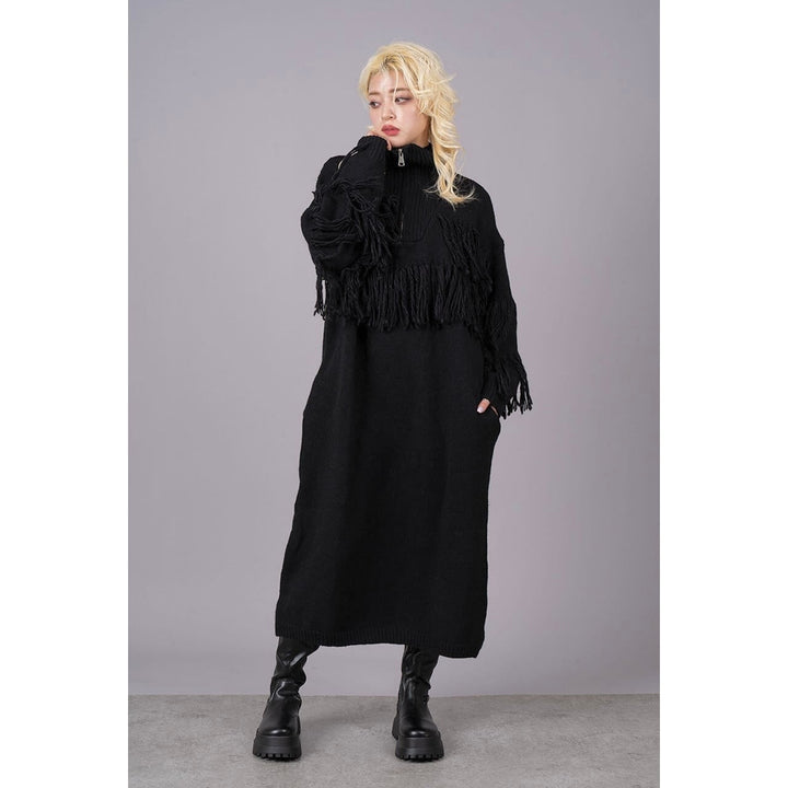 High Neck Fringe Zipper Knit Onepiece