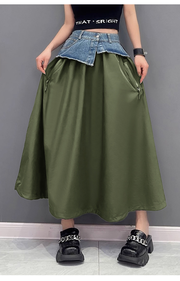 Contrast color switching denim flare skirt