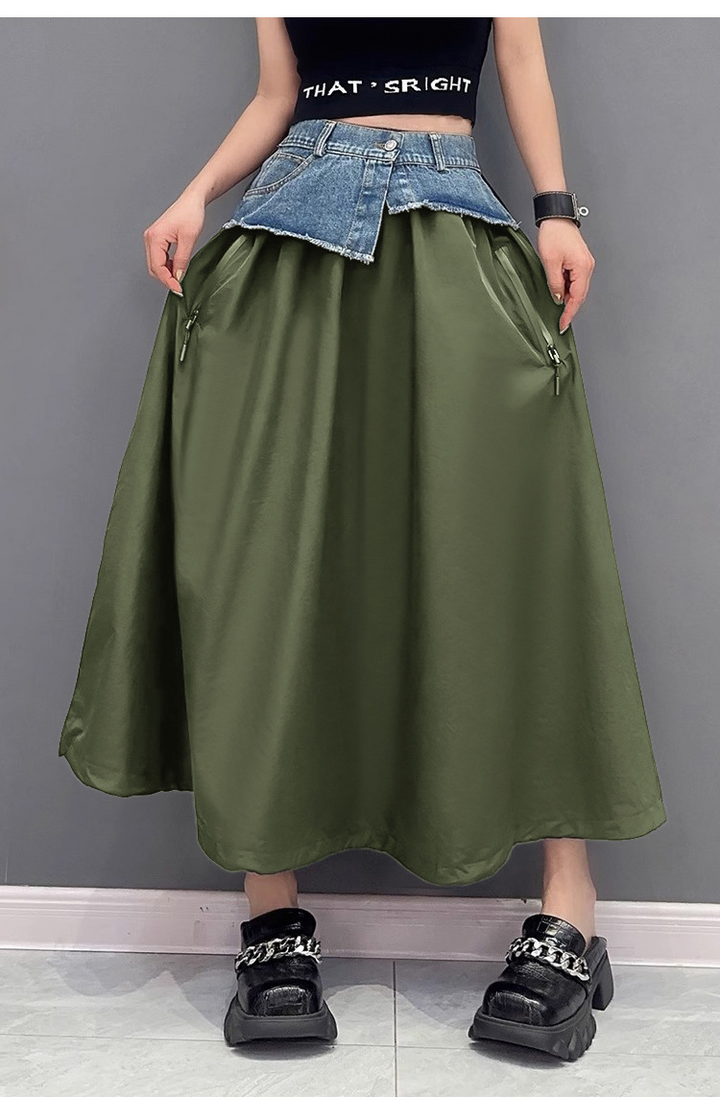 Contrast color switching denim flare skirt