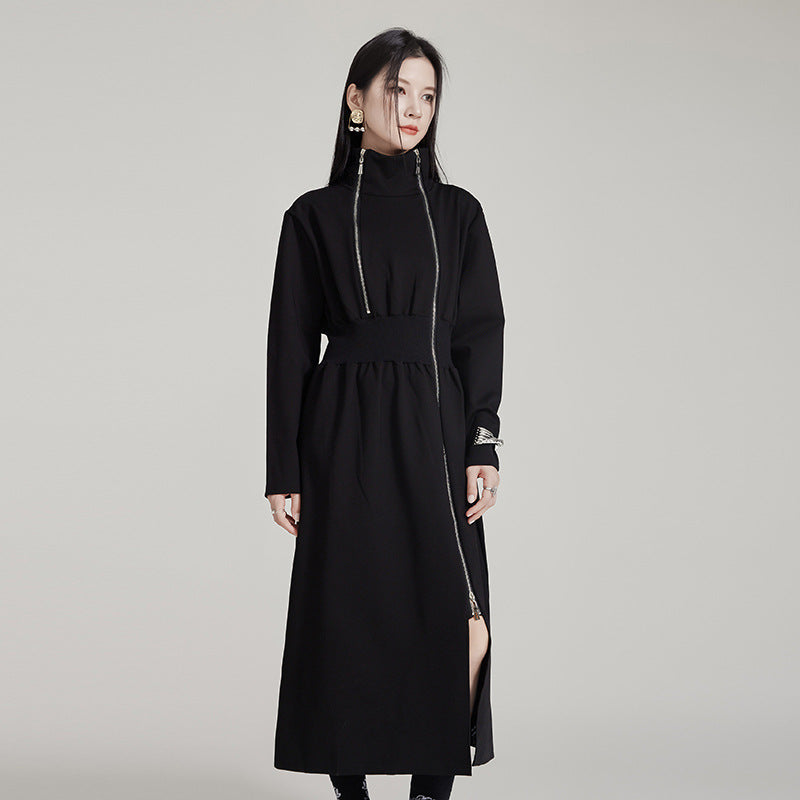 Waist Tightening Zipper Split Mid length Dress