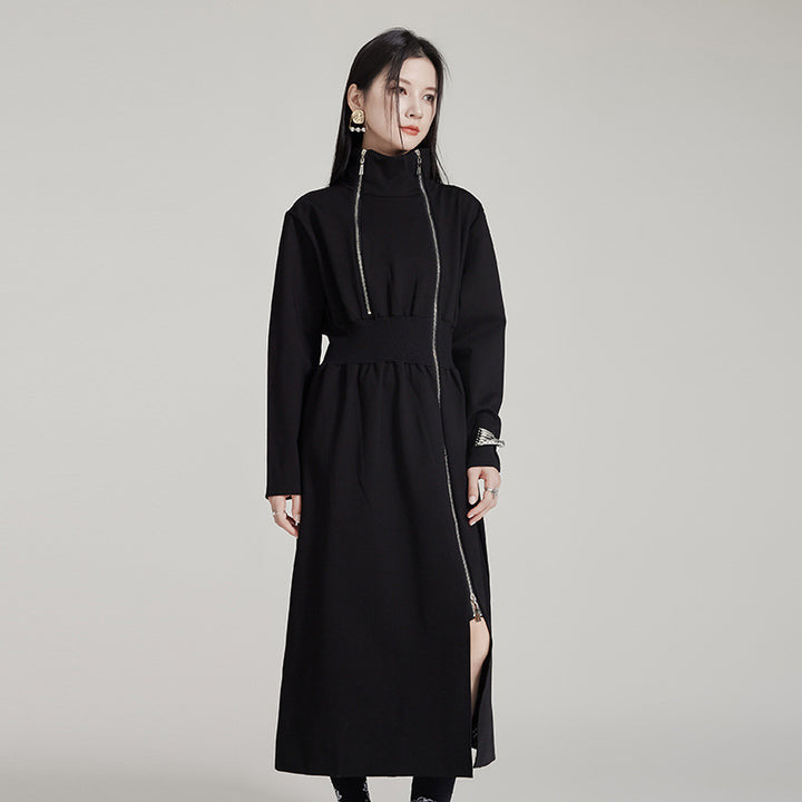 Waist Tightening Zipper Split Mid length Dress