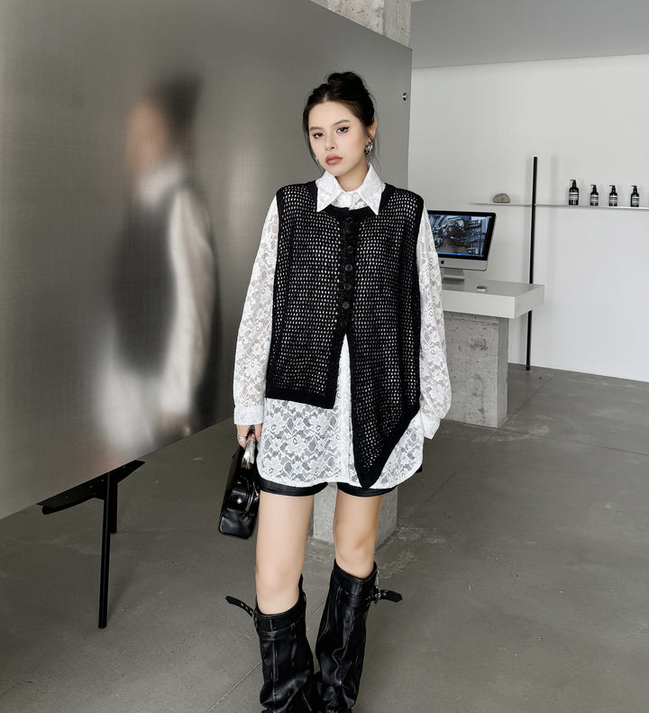 Lace shirt and sleeveless cardigan vest