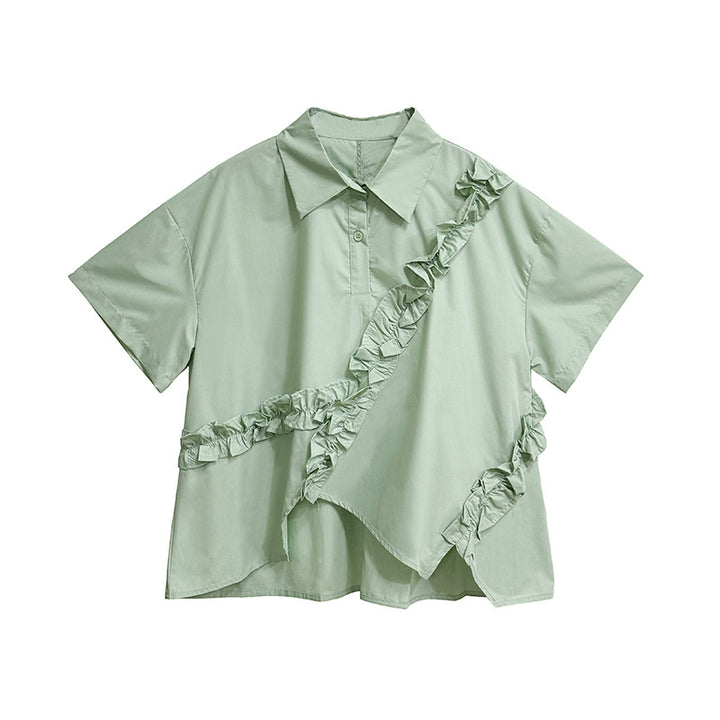 Asymmetry frill short sleeve shirt