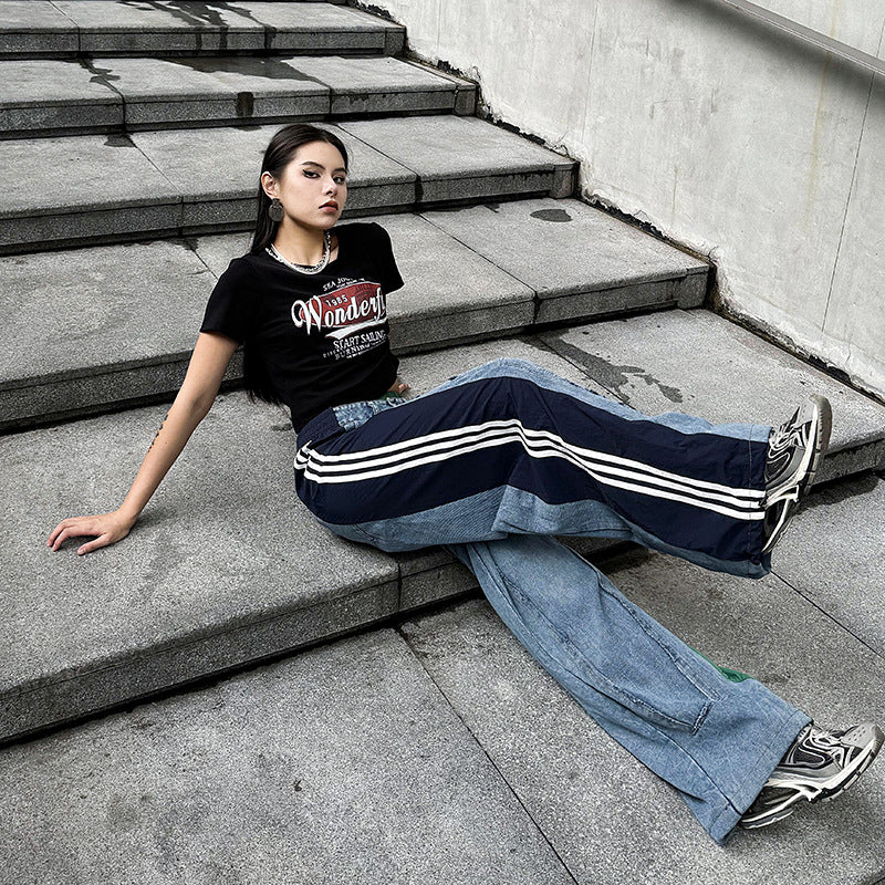 Color contrast stitching cuffed high waist jeans