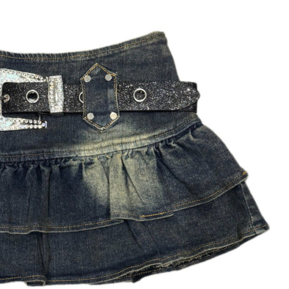 Vintage  Design with Belt Denim Skirt