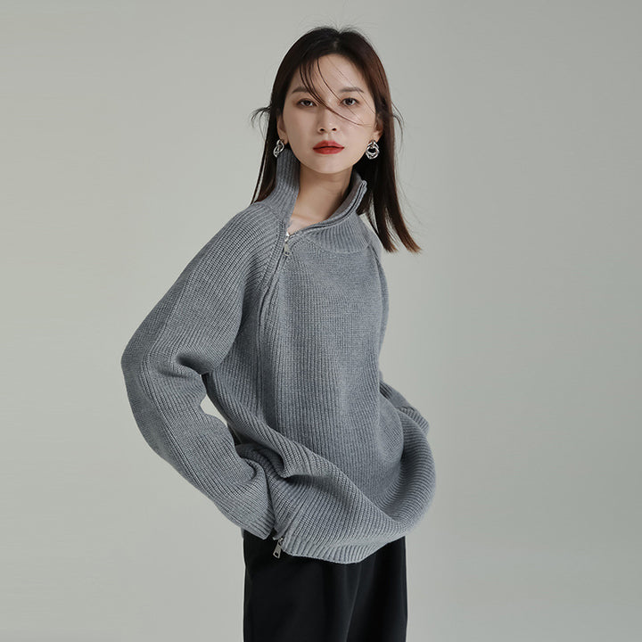 Asymmetry Side Slit Zipper High Neck Knit