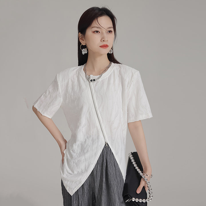 Zipper Short Sleeve Loose Top