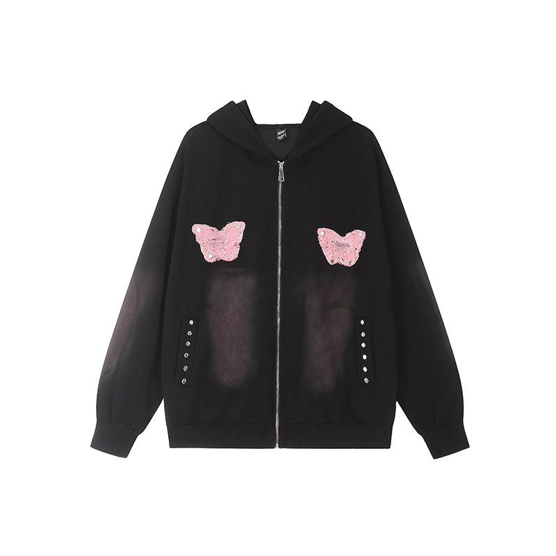 Sweet Washed Butterfly Patch Embroidered Hooded Jacket