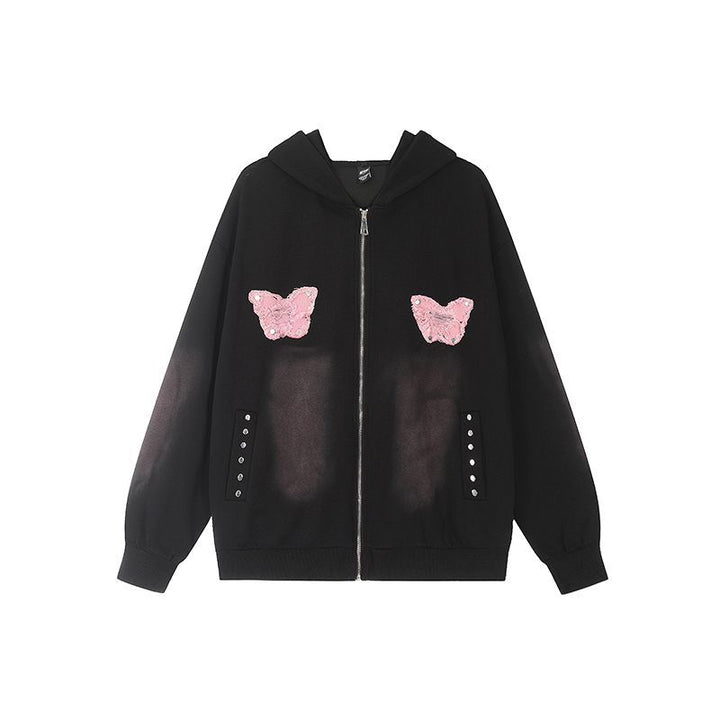 Sweet Washed Butterfly Patch Embroidered Hooded Jacket