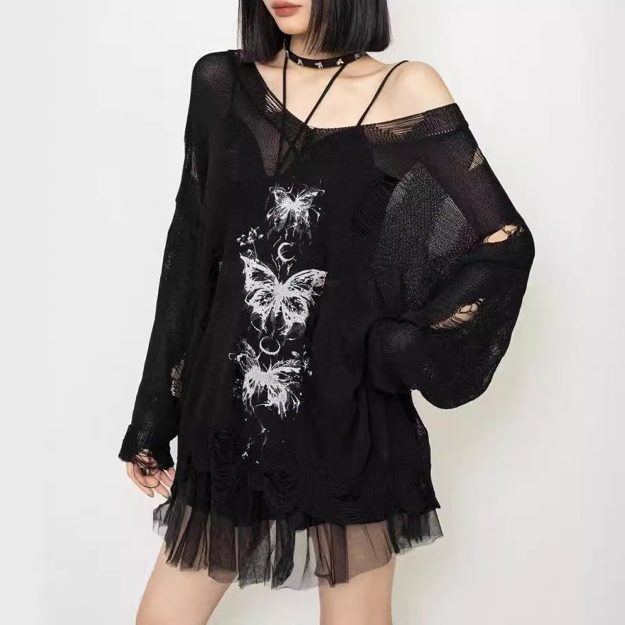 Butterfly Loose Damage V-neck Knit