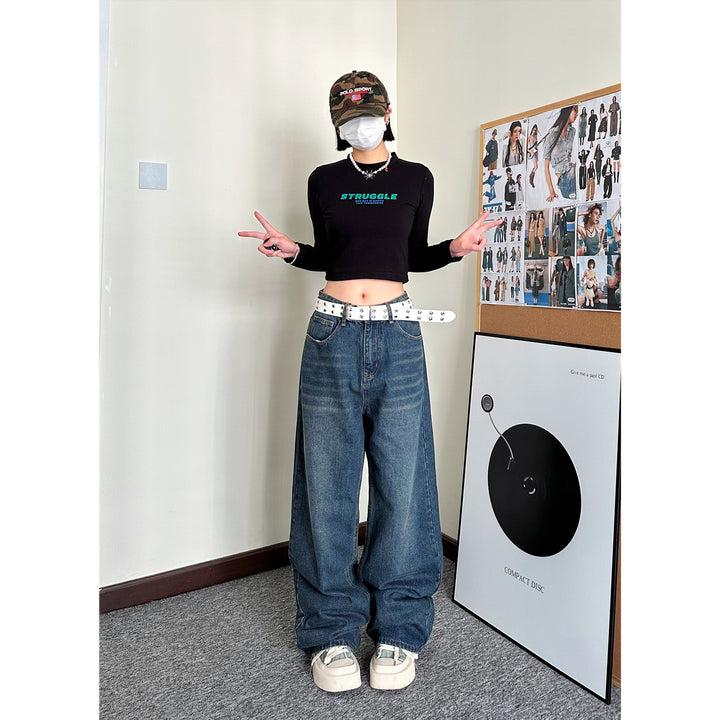 Straight dark blue retro mid-rise wide-leg pants