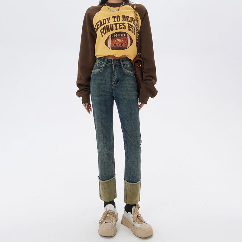 High waist elastic cuffed small straight jeans