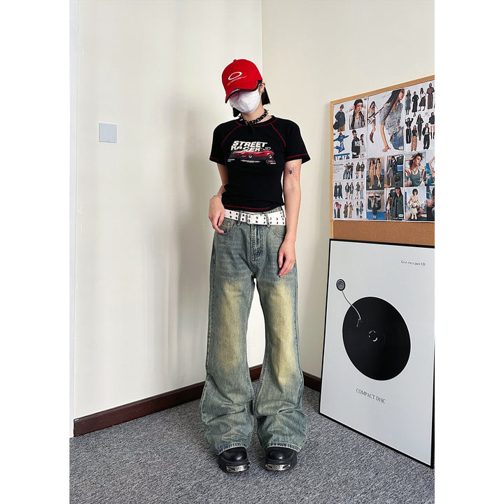 Street washed yellow clay slightly flared jeans