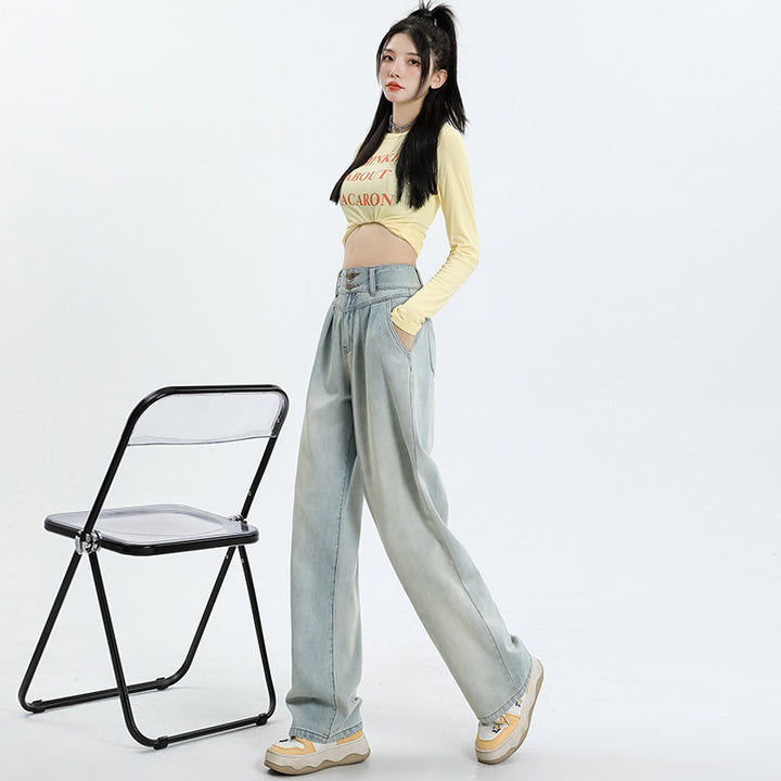 High waist double button straight wide-leg jeans