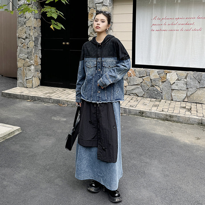 Wash denim patchwork hoodie jacket