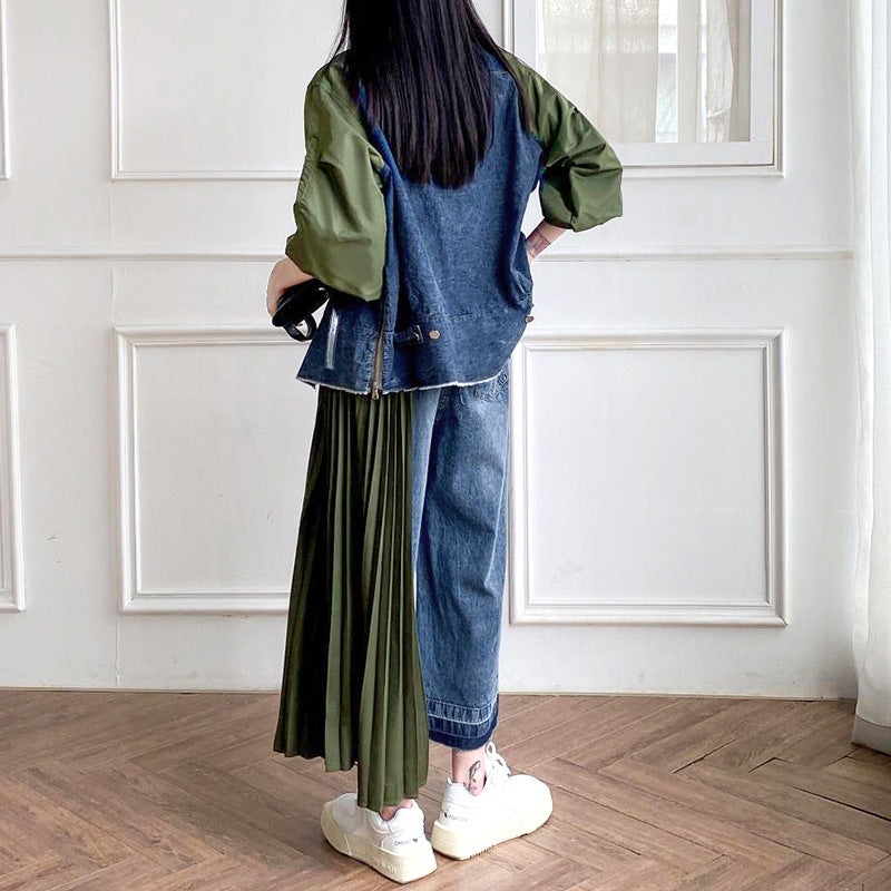 Contrast color patchwork pleated jeans