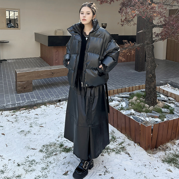 PU leather stand collar padded short volume down jacket