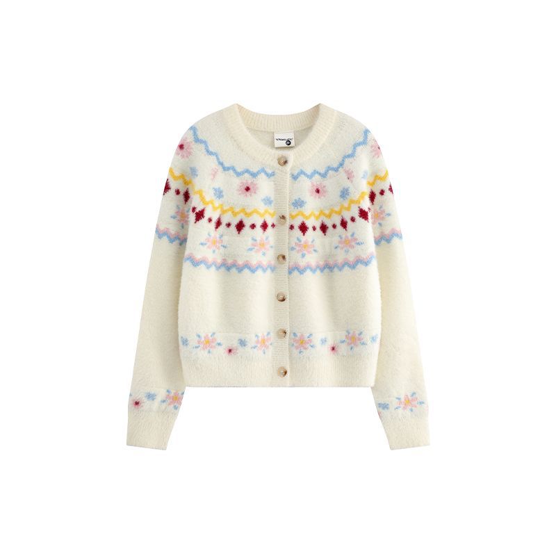 Pattern design crew neck knit cardigan