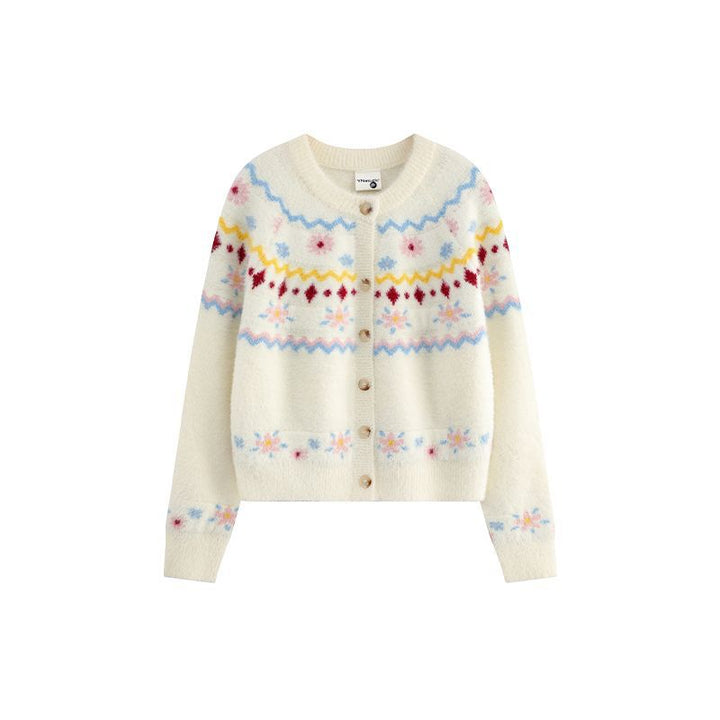 Pattern design crew neck knit cardigan