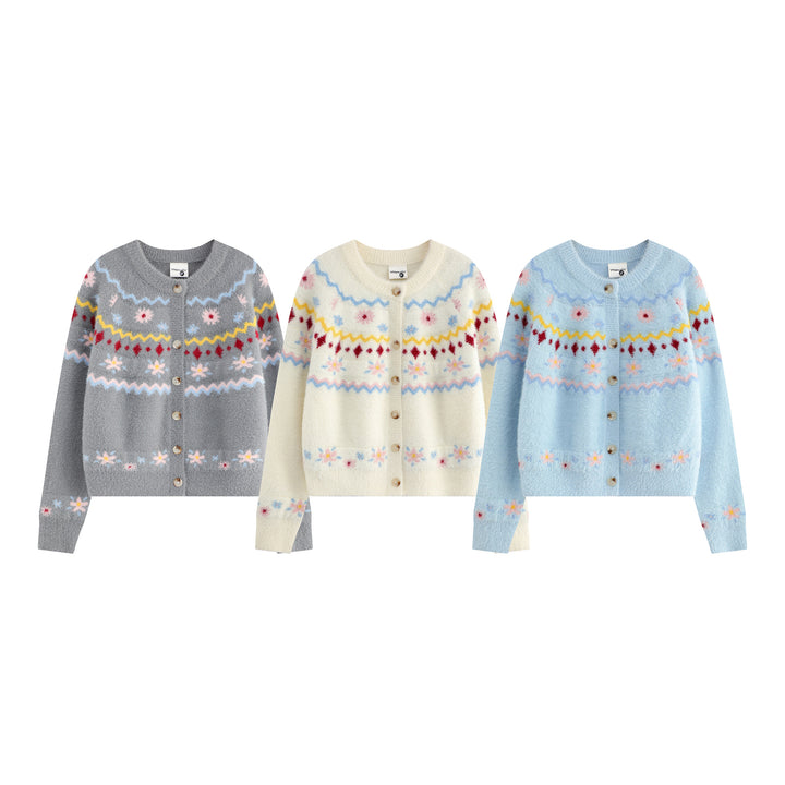 Pattern design crew neck knit cardigan